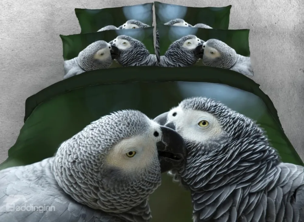 3D Kissing Grey Parrots Printed 3 Piece Bedding Sets/Duvet Cover