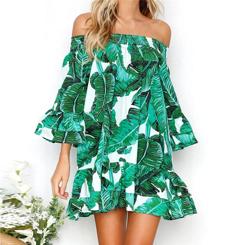 2018 HOT sell Dress summer beach dress Women Sexy Leaves Printing Off Shoulder Half Sleeve Dress Princess Dress vestido J07#N (7)