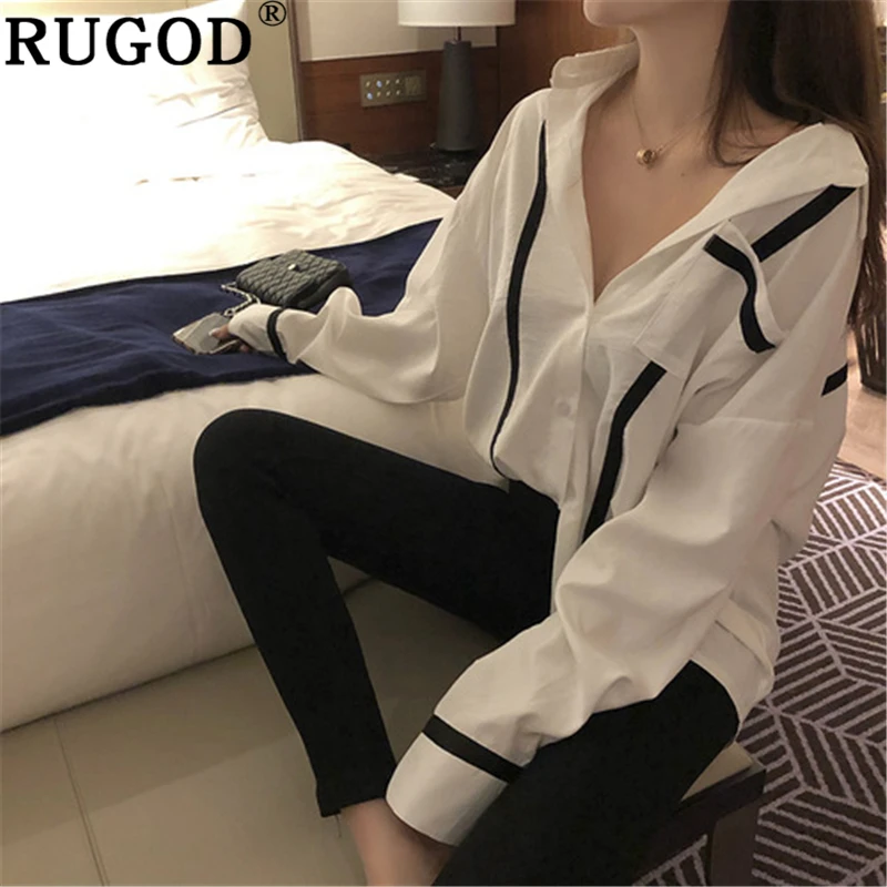 

RUGOD Striped women shirts fashion irregular modis femme blouses and tops long sleeves v neck charming night out office ladies
