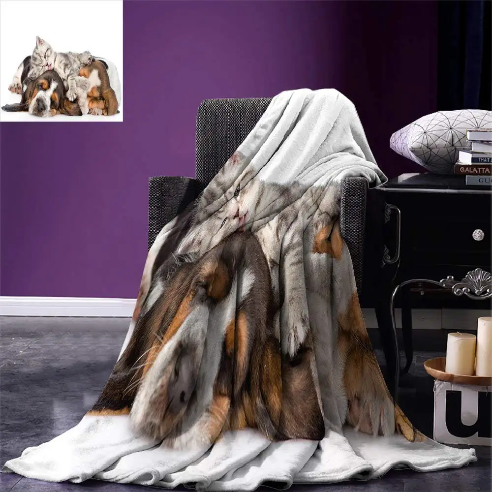 

Funny Throw Blanket Newborn Kitten Lying on the Puppies Basset Hound and Licks Sleeping Cuddle Picture Soft Warm Blanket