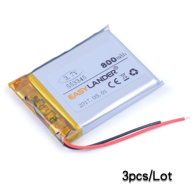 

3pcs/Lot 553445 3.7V 800mAh Lithium li-Polymer Rechargeable Battery For Mp3 MP4 MP5 GPS PSP DVR E-Book mobile 553545 speaker