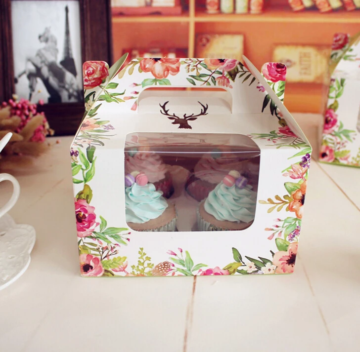 10pcs Hot Sale Cupcake Handle Box Colorful Flower Pattern Cake Packaging With Insert Wedding Gift Boxes for Guests16x16x10cm | Дом и сад