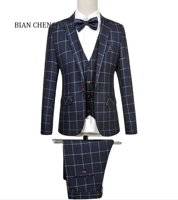

Mens Notched Lapel 3 Piece Wedding Suit Checked Slim Fit Formal Casual Groom Tuxedos Single Breasted Jacket Blazer Evening Prom