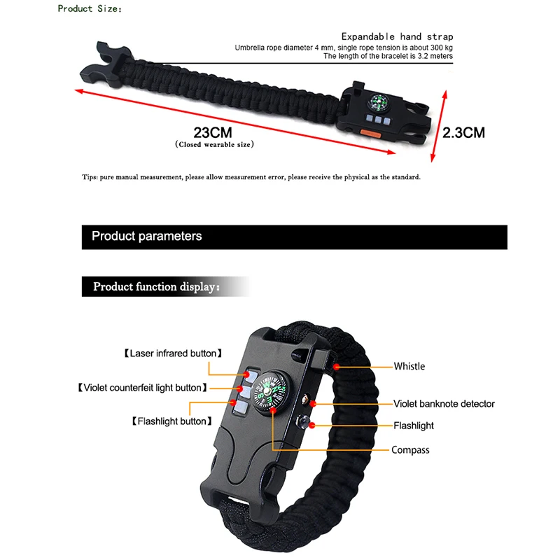 7 в 1 Паракорд выживания браслет многофункциональный лазерный фонарик браслет ручной работы инфракрасный для кемпинга оборудование инструмент