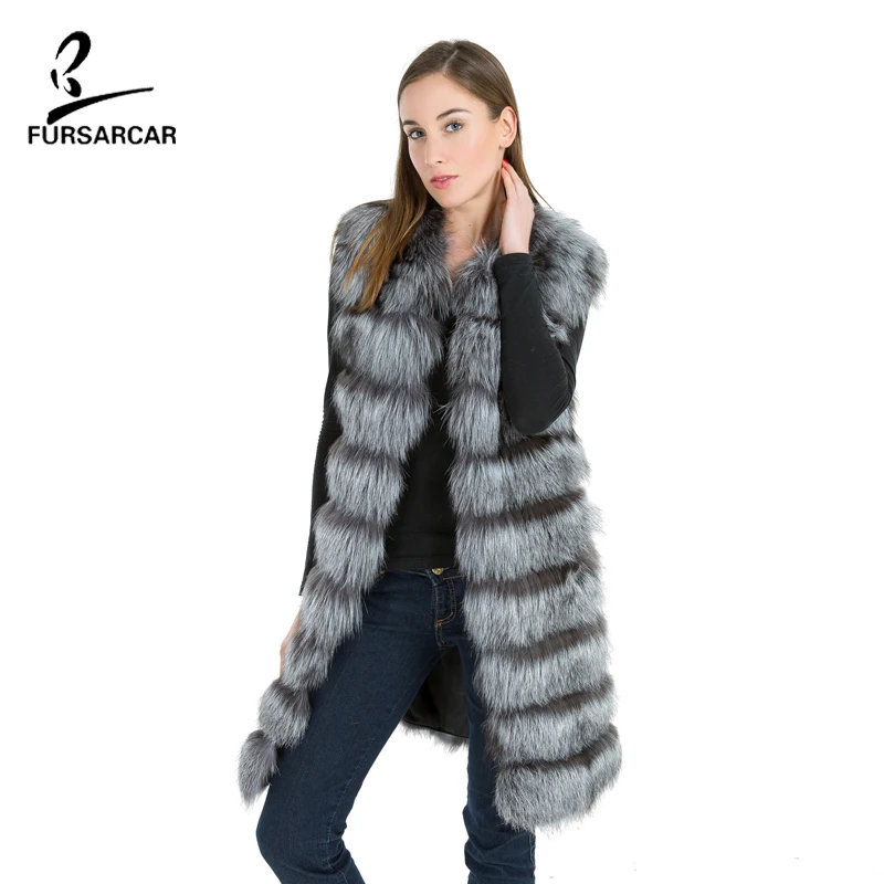 

FURSARCAR Real Silver Fox Fur Vest Lady Long Style Thick Warm Fur Sleeveless Full Pelt Waistcoat Women Winter Fur Vests BF-V0040