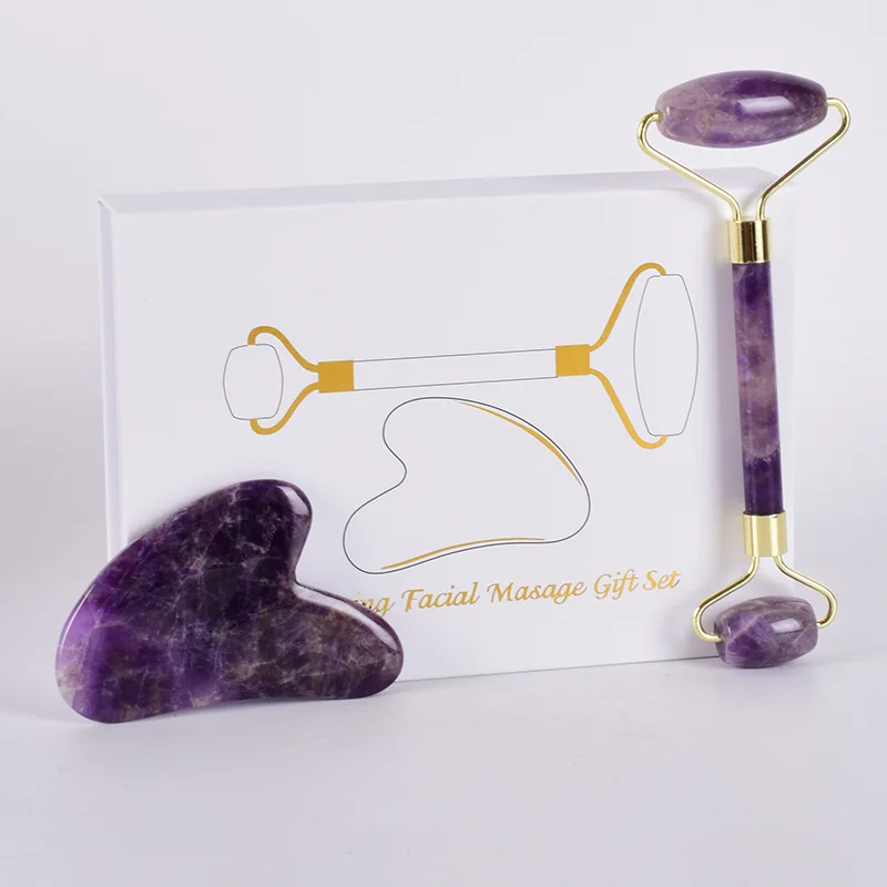 

Jade Roller Gua Sha Set Natural Amethyst Stone Face Massager Purple Jade Roller GuaSha Scraping Tool Facial Massage With Box