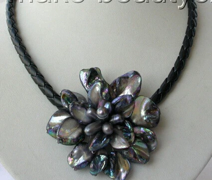 

classic black baroque freshwater pearl shell flower leather necklace AAA style Fine Noble real Natural free shipping