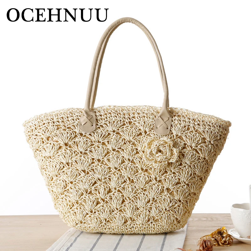 Goedkoop OCEHNUU 2018 Zomer Strandtas Stro Grote Rits Geweven Stro Handtassen Casual Grote Schoudertas Vrouwen Bloemen Dames Zak