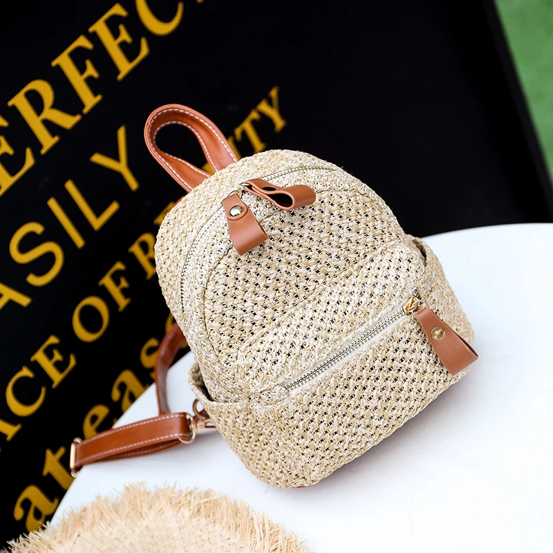 

Women's Backpack Bohemian Straw Woven Beach Bag Teenage Girl School Bags Solid Casual Travel Backpack Feminina
