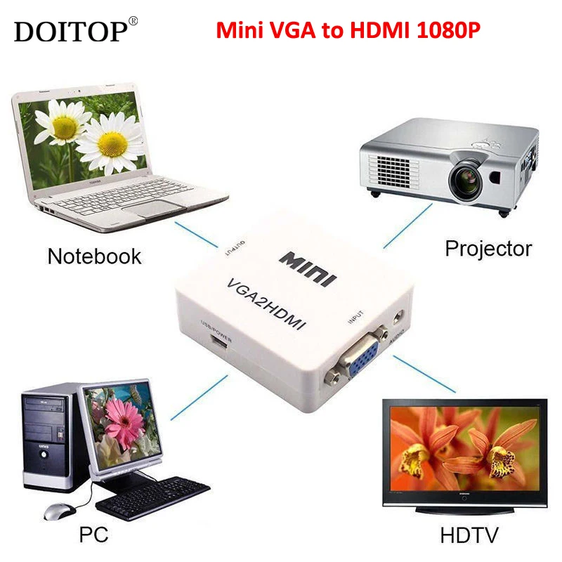 DOITOP Mini VGA to HDMI VGA2 HDMI Converter Digital to Video Audio Adapter HD 1080P For