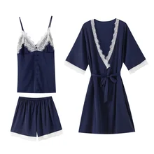 Женский летний Атласный халат, комплект из 3 предметов, Шелковый искусственный шелк, сексуальный кружевной халат кимоно с отделкой, банный халат на бретелях+ халат+ штаны, Пижамный костюм, одежда для сна