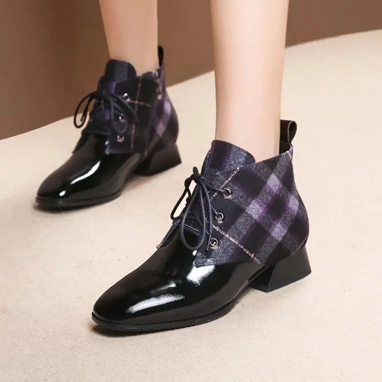 

Patchwork Designers Ankle Boots For Women Black Patent Leather Purple Plaid Cloth Winter Shoes Woman Cross Tied Zapatos De Mujer