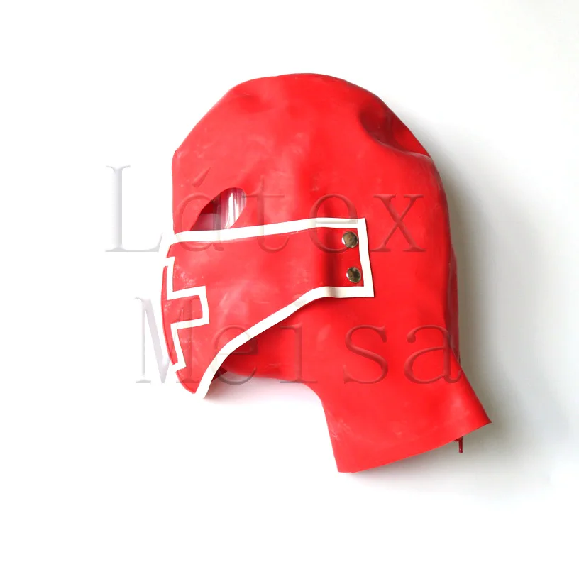 

0.6mm Heavy uniform latex hoods adult rubber masks attached in buttoned masks in red color and white trim colors
