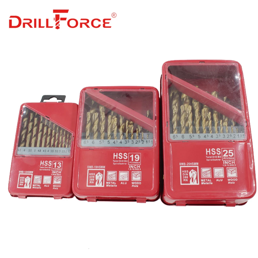 DRILLFORCE 13/19/25 шт. HSS M2 Титан покрытием алмазное сверло для деревообрабатывающий сверлильный биты 1,0~ 13 мм Мощность инструменты аксессуары