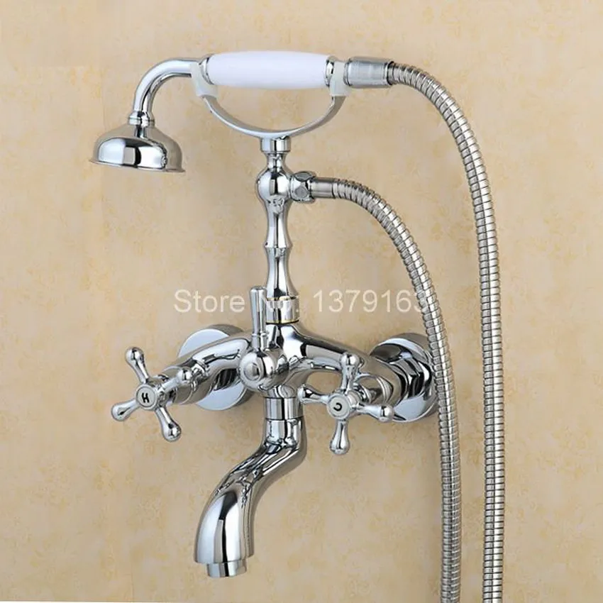 Chrome Brass Two Cross Handles Wall Mounted Clawfoot Bath Tub Faucet Mixer Tap Telephone Style Hand Held Shower Head Set atf933 Chrome Brass Two Cross Handles Wall Mounted Clawfoot Bath Tub Faucet Mixer Tap Telephone Style Hand Held Shower Head Set atf933