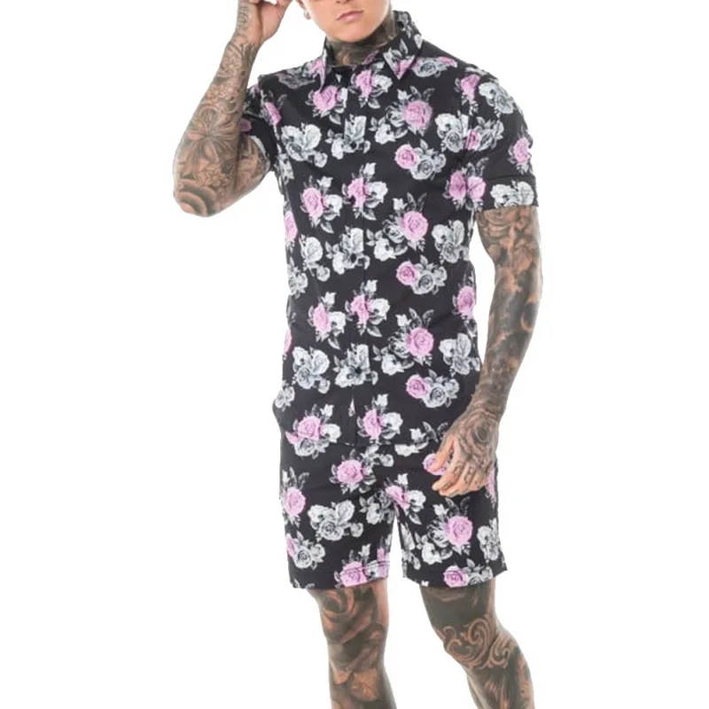 

2019 New Mens Casual Polyester Floral Button Down Shirt and Shorts 2 Piece Outfits Print Male Singel Breasted Sets