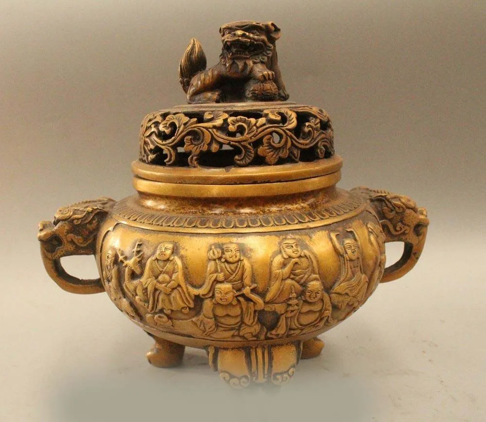 

DS 10" Marked Chinese Copper 3 Foot the eighteen arhat Beast Incense Burner Censer