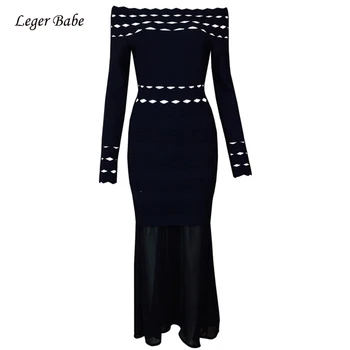 

Winter Long Sleeve Bandage Dresses Female Party Vestidos Elegant Hollow Out Off Shoulder Midi Dress Mesh Patchwork HL