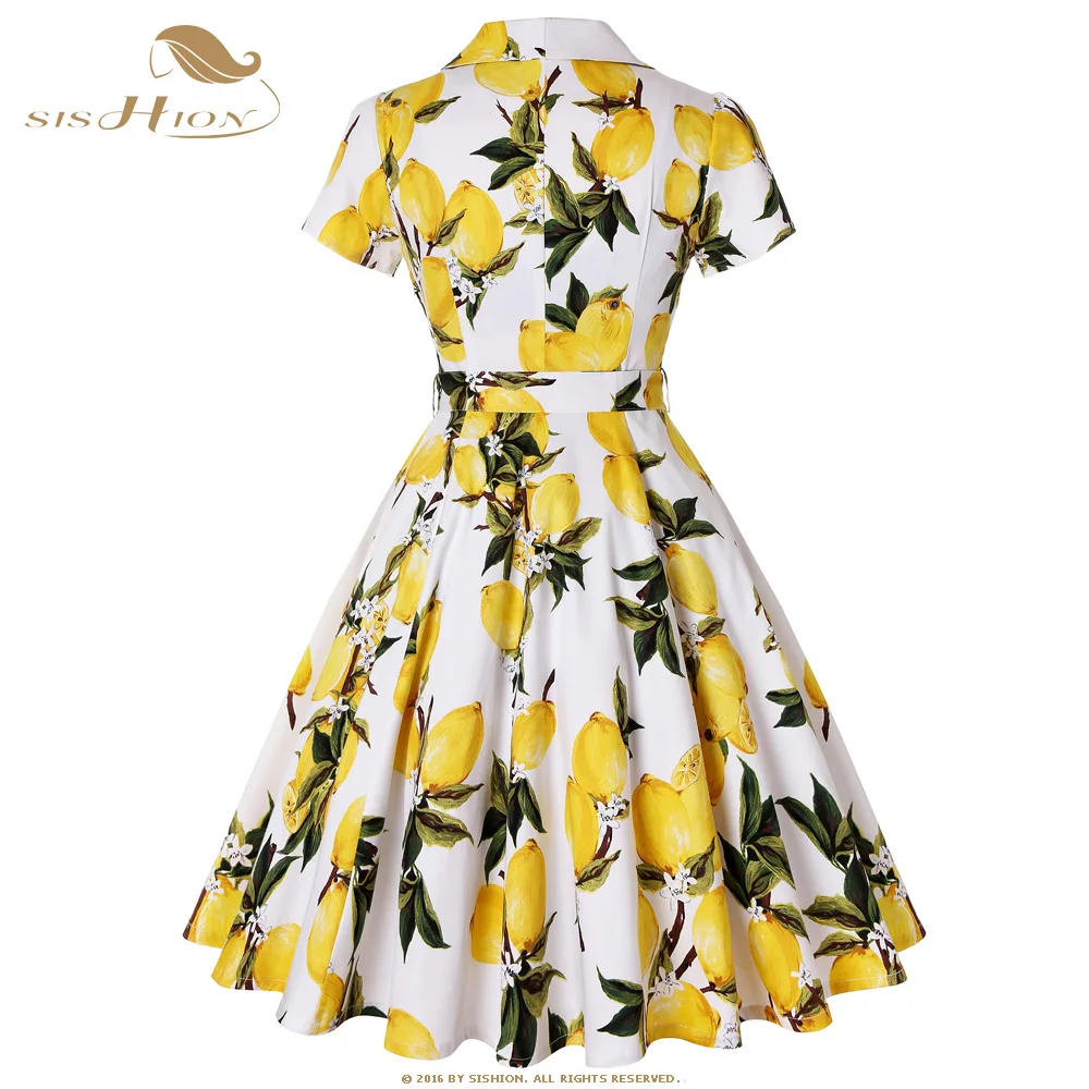 SISHION Новое хлопковое белое платье с желтым лимоном, туника с коротким рукавом, элегантное винтажное платье в стиле ретро 50s 60s SD0002