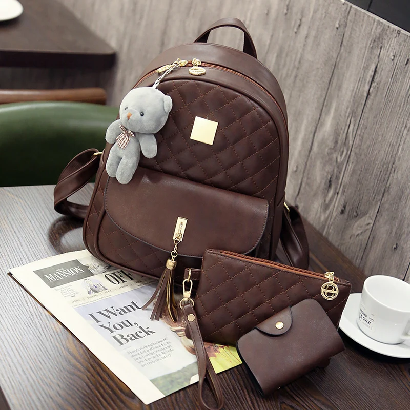 2018 New Shoulder Bags 3 Pcs Bear Tassel Backpack Women Bag Diamond Lattice School Bags for Girls Backpacks for Women  Sac A Dos (14)