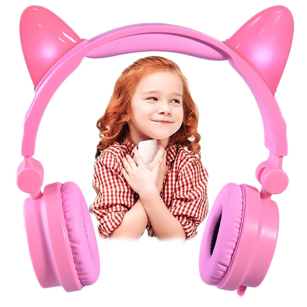 JINSERTA Portable Kids Headphones Glowing Cat Headphone Children Over Ear Headset with Adjustable headband USB Charging Cable