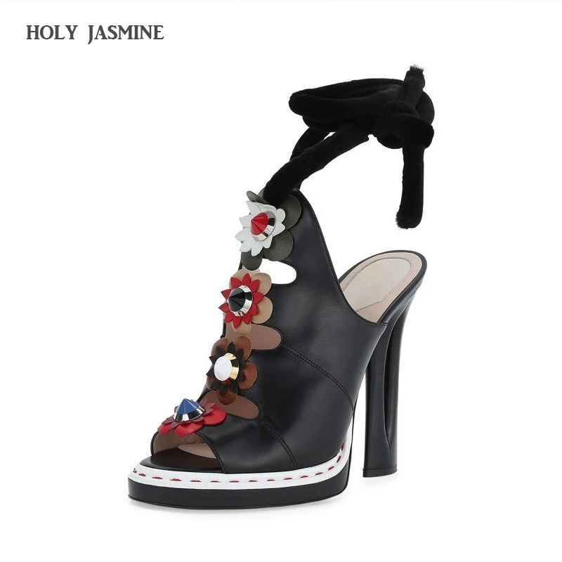 

2017 new Summer Women Genuine Leather Peep Toe High heel sandals Ladies Flowers decoration Ankle strap Open toe platform Lace-Up