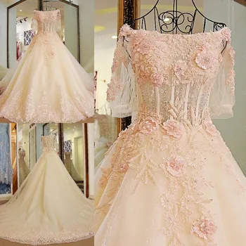 

Luxury arab wedding dress short sleeve lace up back ball gown vestido de noiva 2017 champagne wedding dress real photos