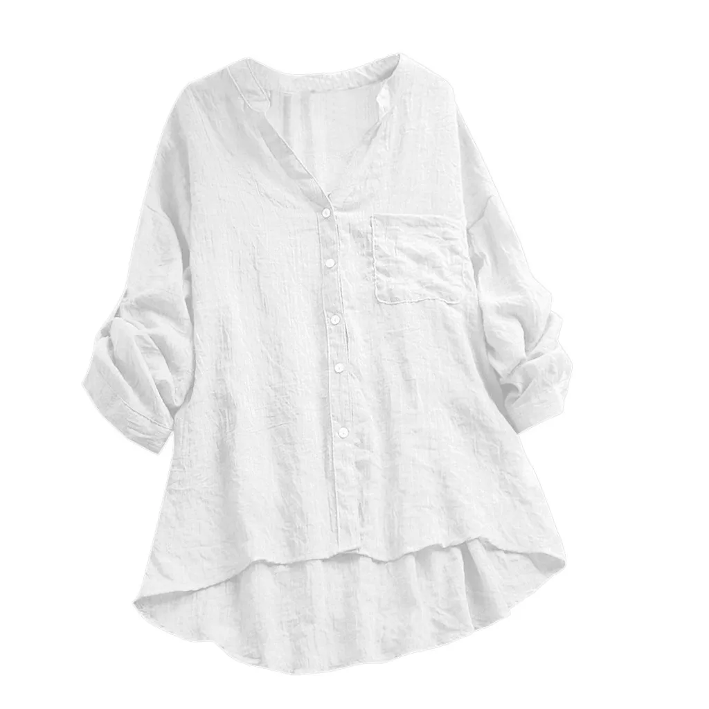 Летняя Модная рубашка с пуговицами, топ 2XL, женская новая хлопковая льняная Повседневная прозрачная блуза с длинным рукавом и v-образным вырезом, топ с карманами, N4