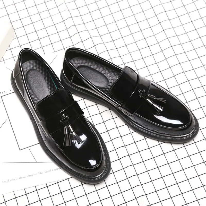 Mens British Casual Patent Leather Tassels Thick Sole Slip On Pointed Toe Shoes