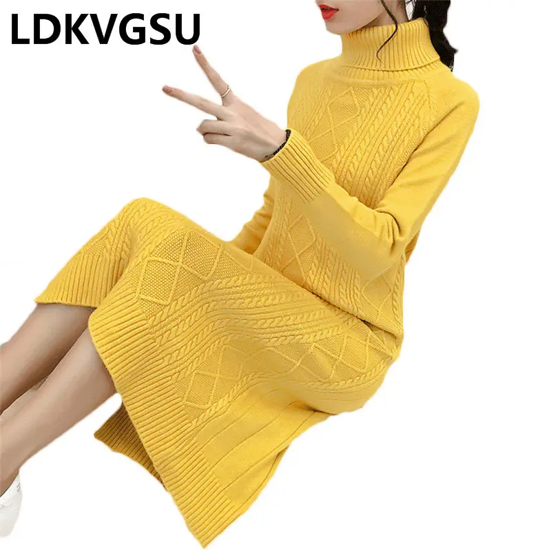 Lazy Wind Long Pullover Sweater Female 2020 New Autumn Winter Solid Color Turtleneck Loose Wild Women Knit Dress Is1376 | Женская одежда