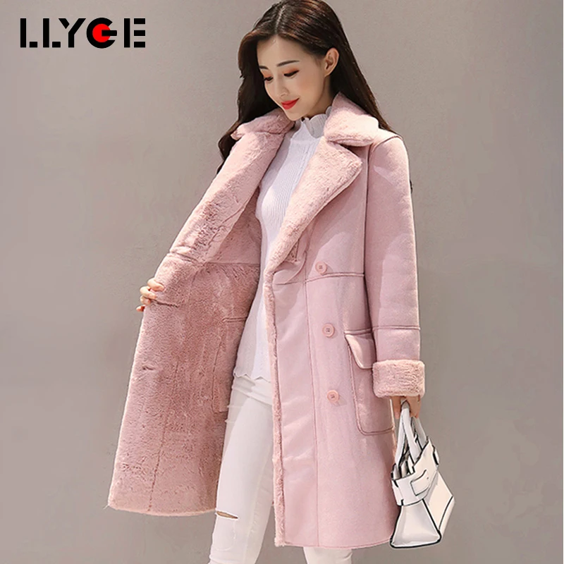 

LLYGE Winter Women Suede Fur Long Coats Parka 2018 Double Breasted Thick Fashion Jackets Female Ladies Warm Elegant Outwears