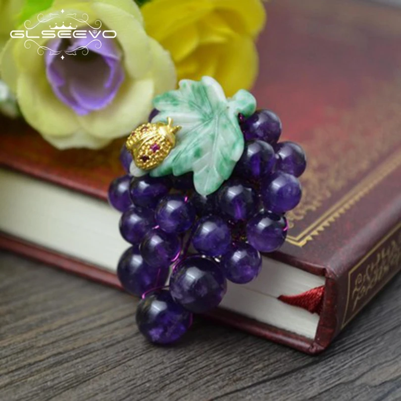 

XlentAg Luxury Natural Purple Crystal Grape Brooches For Women Accessories Gift Pendant Dual Use Handmade Fine Jewelry GO0043