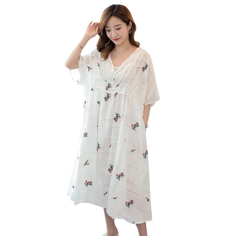 

Summer spring new white V-neck embroidery floral dress female tide Korean fashion pregnancy skirt 2019 maternity dress