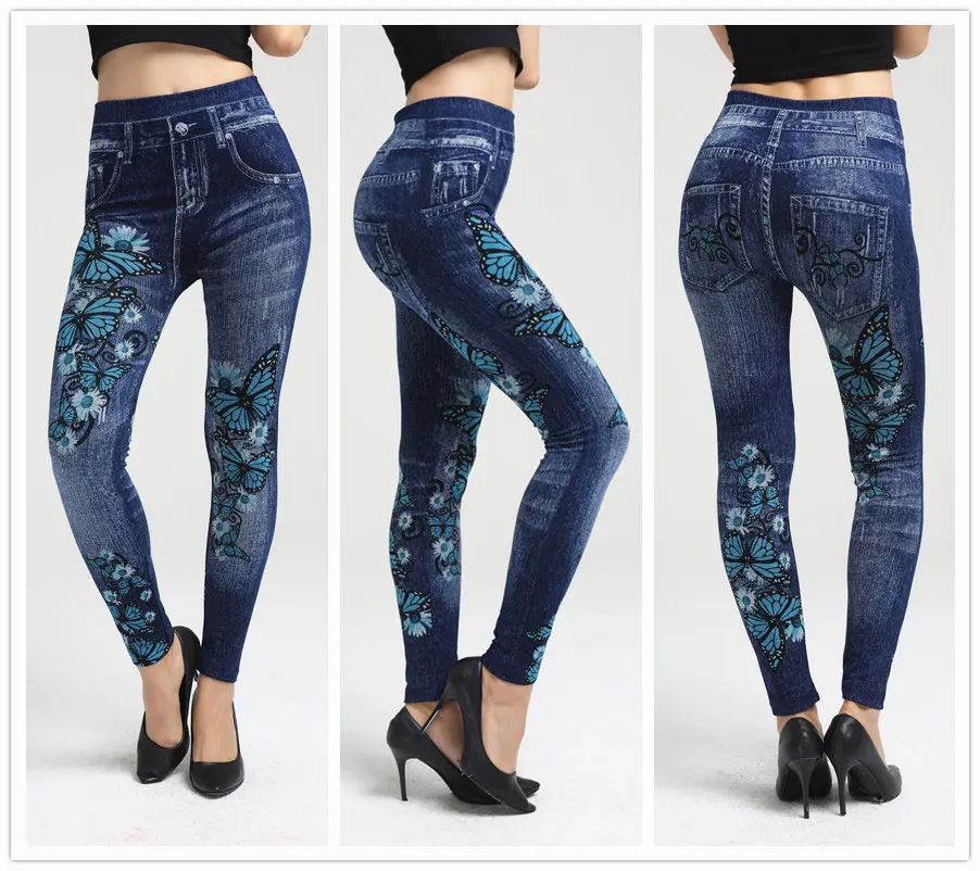 Fashion Slim Women Spring Summer Leggings Faux Denim Jeans Leggings Long Floral Printing Casual Pencil Pants Thin Fleece Inside white leggings Leggings