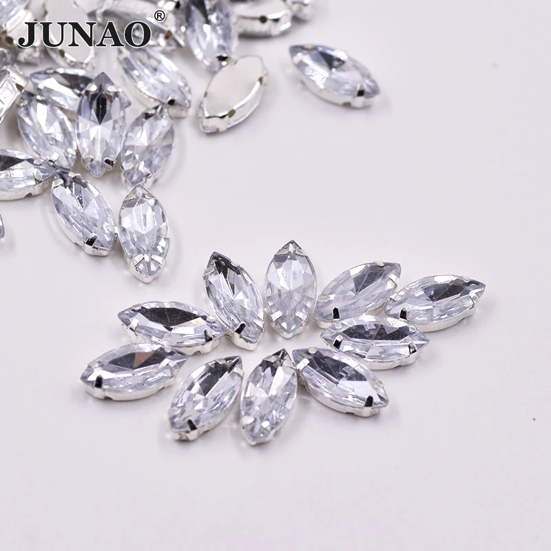 

JUNAO 7*15mm Sew On Clear Horse Eye Rhinestone Silver Applique Flatback Acrylic Gems Sewing Strass Crystal Stones for DIY Dress