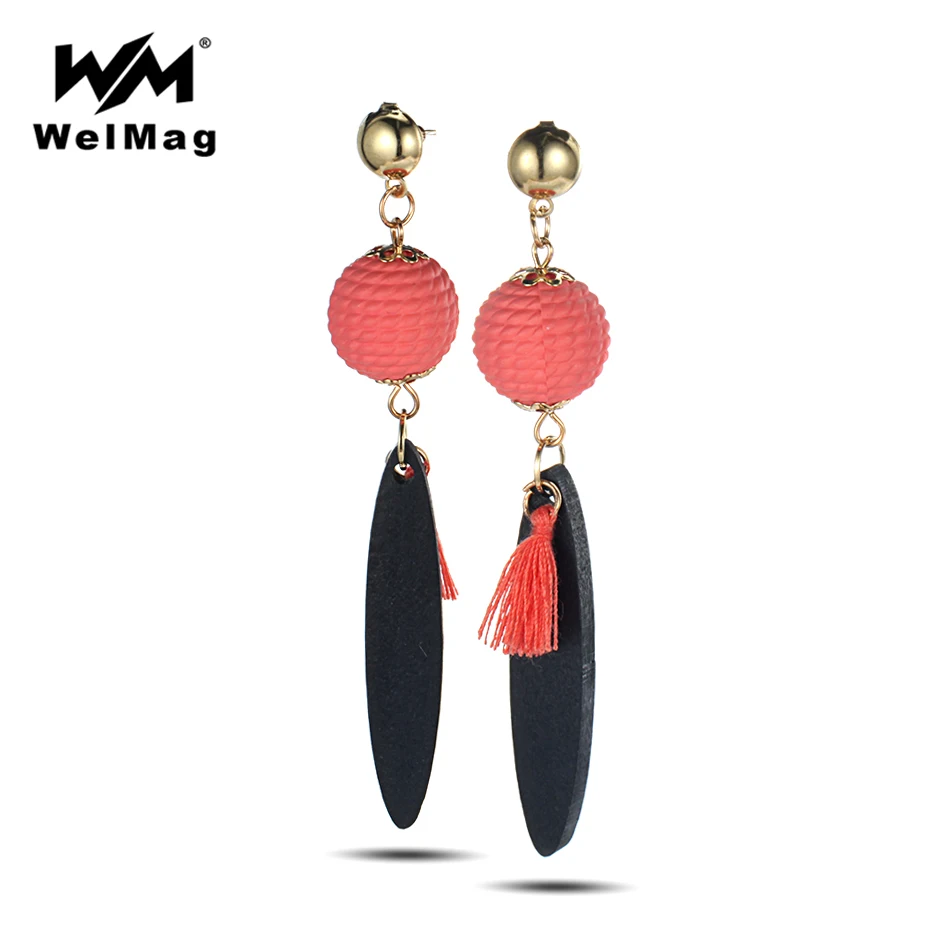 

WelMag 2019 New Fashion Pink Statement Long Black Wood Dangle Drop bts Earrings Tassel Earrings for Women Party Jewelry