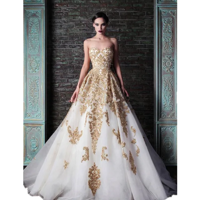 New Arrival white and gold wedding dress/dresses 2015 Luxurious Bridal