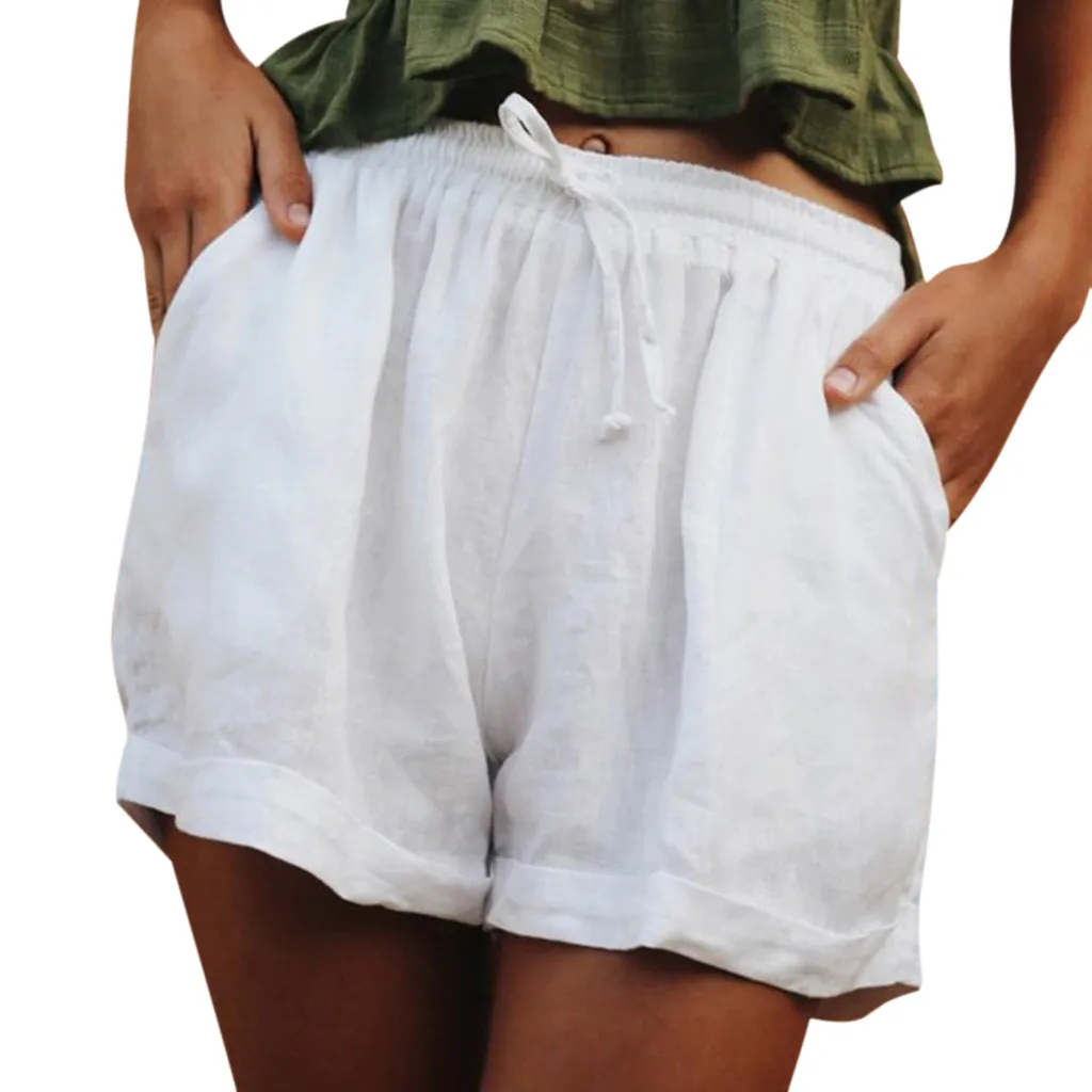 

Womail short pants women summer 2019 Solid Lace Up Cotton And Linen Pockets Casual Short Pants beach pants women plus size