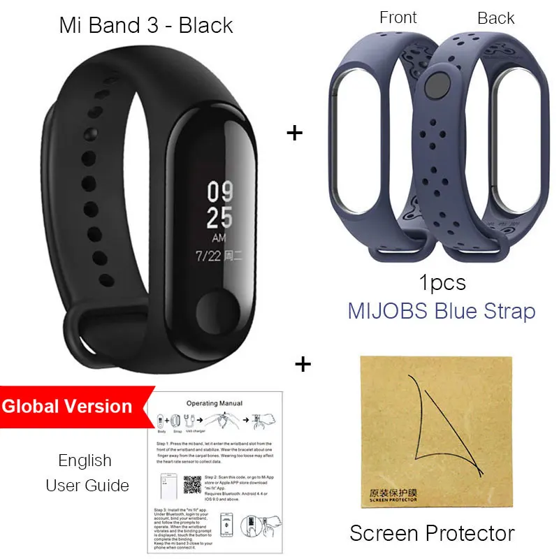 Xiaomi Mi Band 3 Смарт Браслет фитнес браслет шагомер умный браслет бэнд 3, со склада России, Официальная гарантия 1 год - Цвет: Global-Blue.Strap1..