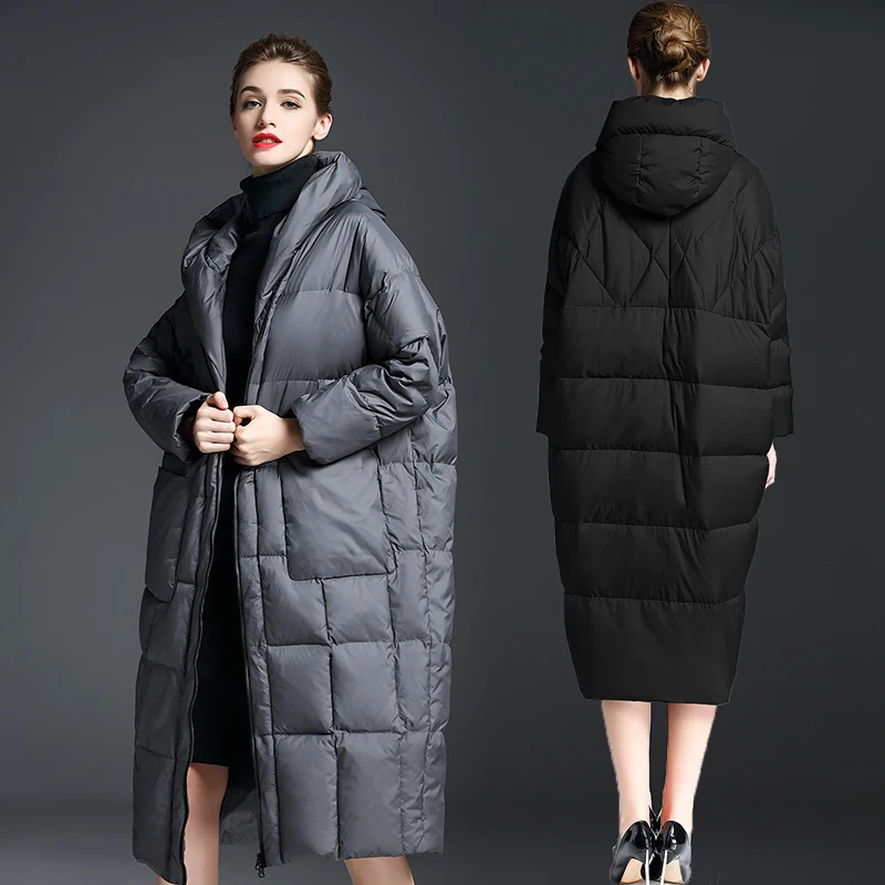 

European Fashion 2017 Winter Jacket Women X-long Loose Style Hooded Down Coat White Duck Down Parkas Thick Warm Outerwear