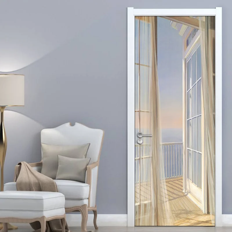 

Free shipping 3D balcony view Door Sticker for Bedroom Living Room gift art PVC Waterproof Decal door wrap 77*200cm