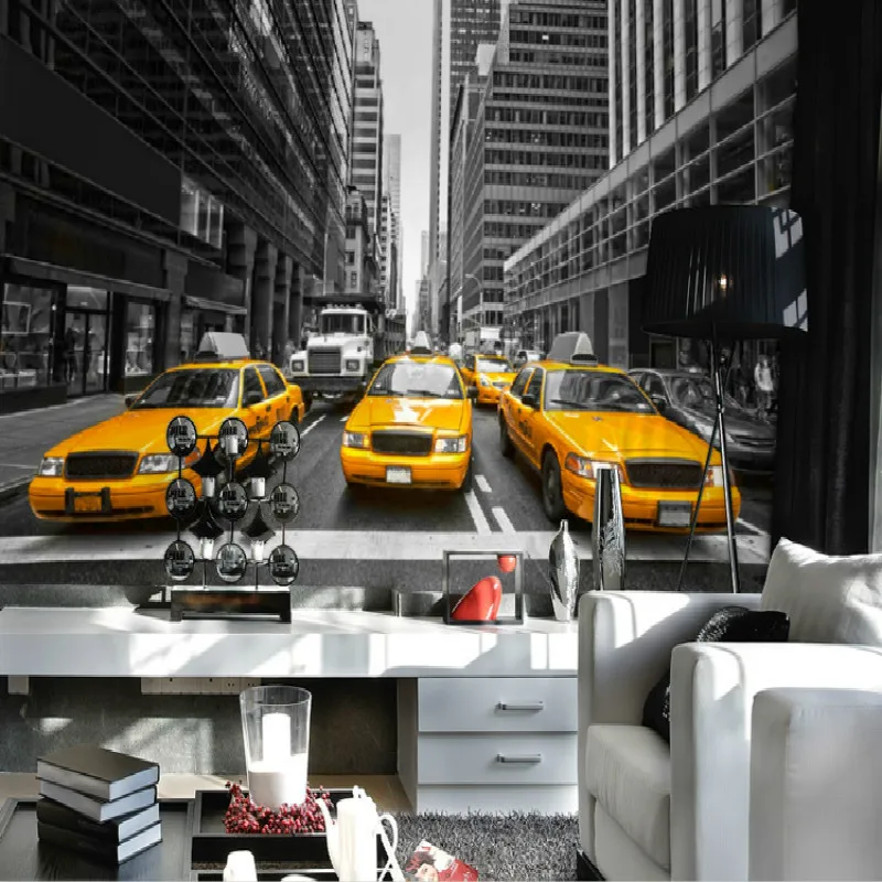Фотообои Нью Йорк Желтая стена кабины черного и белого ТВ фон 3D обои Спальня