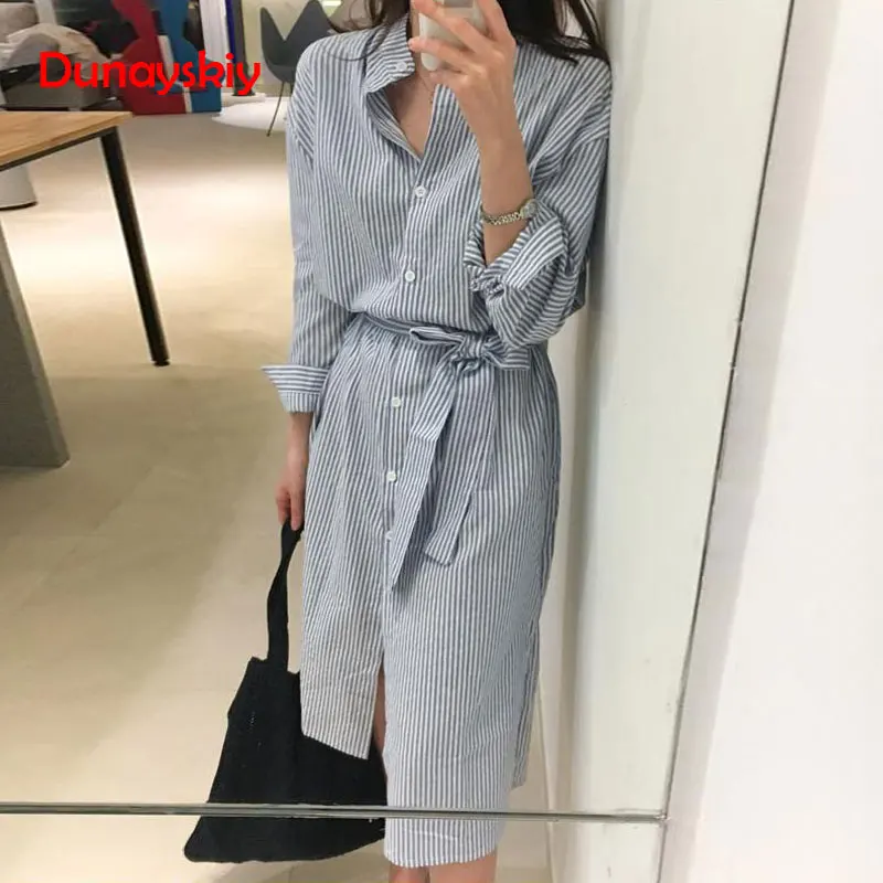 

Korean Style Autumn Striped Dress With Belt Women Autumn Dress Casual Long Sleeve Turn-Down Collar Knee Length Dress Jurken