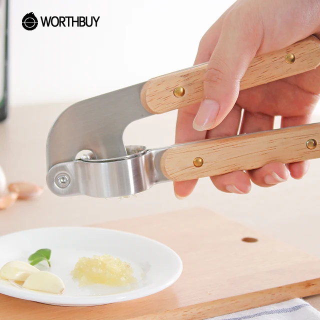 WORTHBUY 304 Stainless Steel Garlic Press With Wooden Handle Garlic
