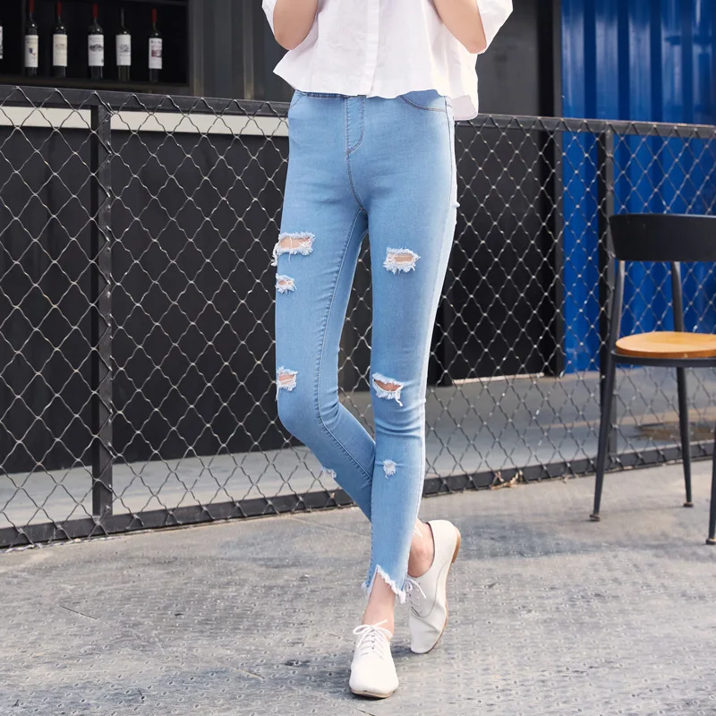Korean Casual Women Brand Vintage Skinny Denim Jeans Slim Ripped Pencil