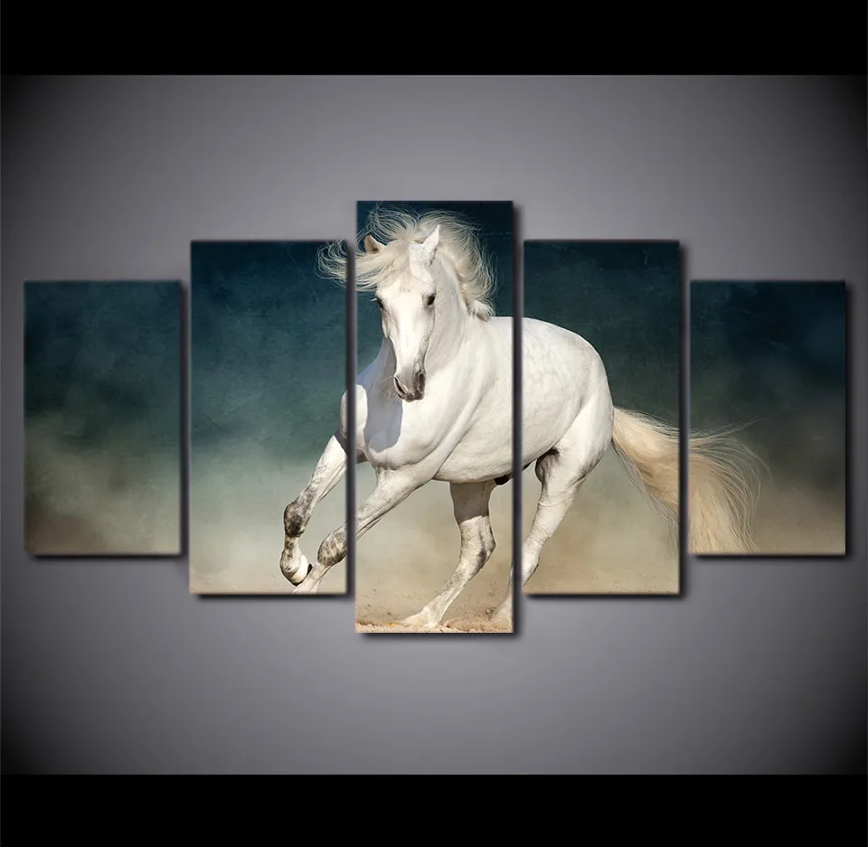 Poster Printed 5 Piece Canvas Art White Running Horse Painting Wall