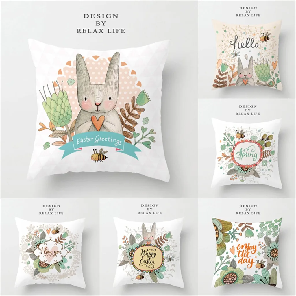 

Cartoon Happy Easter Cute Cartoon Bunny Rabbit Linen Throw Pillow Case Personalized Custom Cushion Cover For Sofa Home Decor