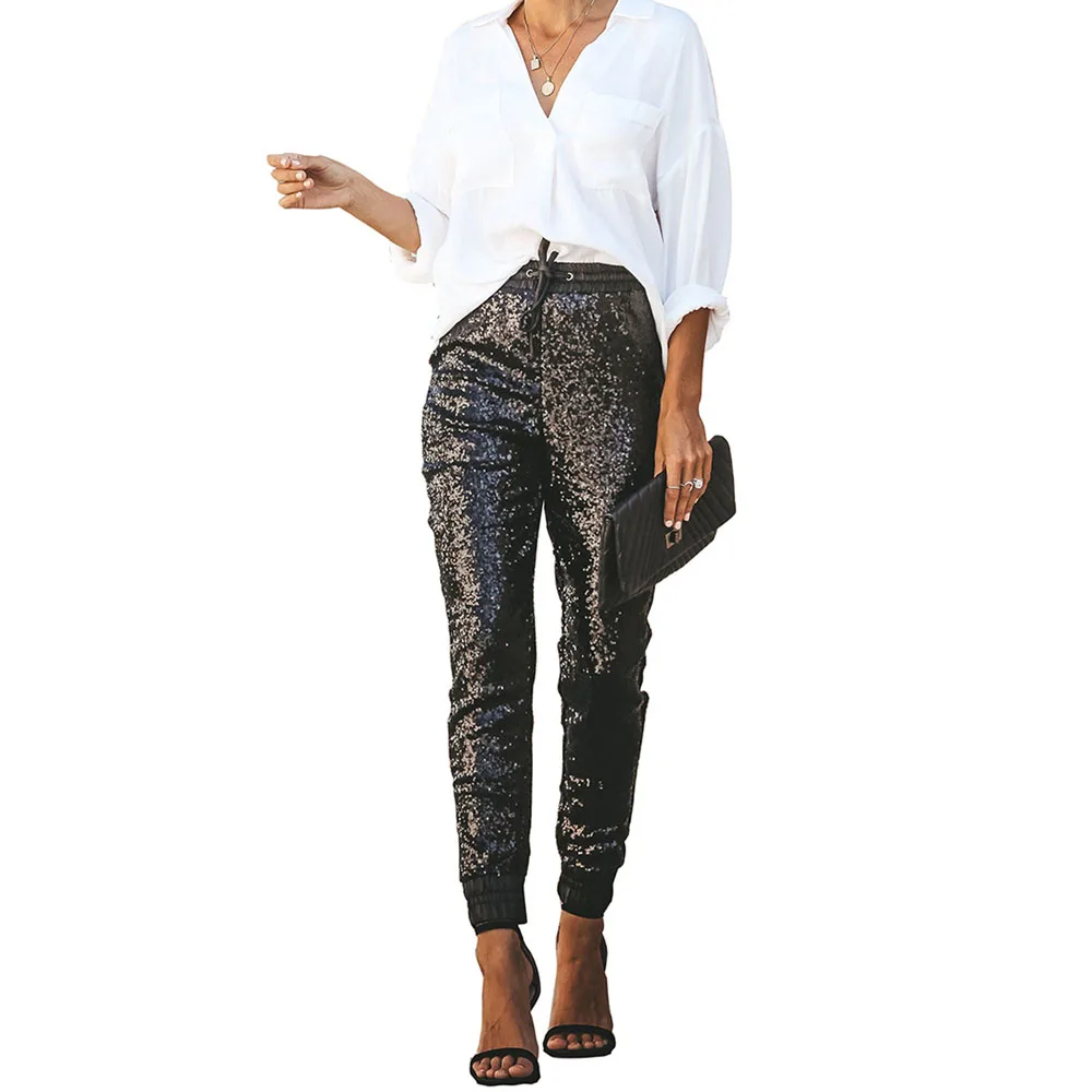 

Black Sequin Trousers Women Sparkle Metallic Pants Patchwork Elastic Waist PU Leather Pencil Pants 2019 Casual Clubwear Fashion