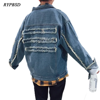 

2018 Spring Autumn Fashion Vinage Hole Ripped Blue Denim Jacket Men Oversized Hip Hop Bomber Washed Jeans Outwear Plus Size 5XL