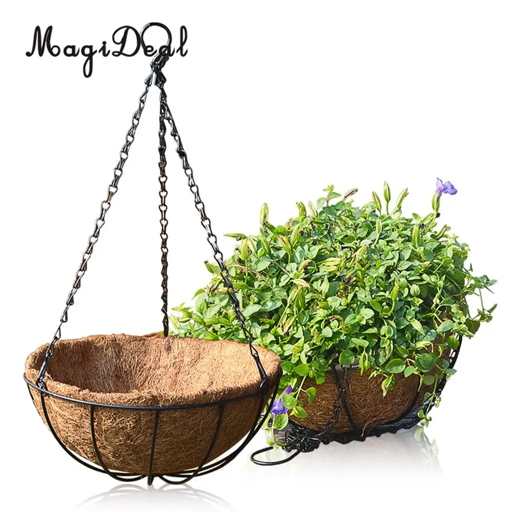 2pcs Hanging Coconut Basket Planter Flower Pot Black Metal Frame Hanger 10''
